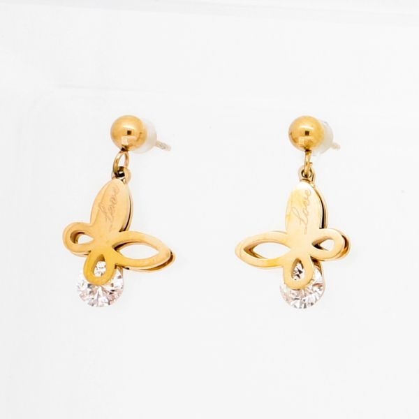 JEWELRY - EARRINGS - SCREW - STAINLESS STEEL AND ZIRCON - BUTTERFLY Е785 - 1.2х2.2cm ROSE GOLD AND WHITE - PACKAGE 6 pairs