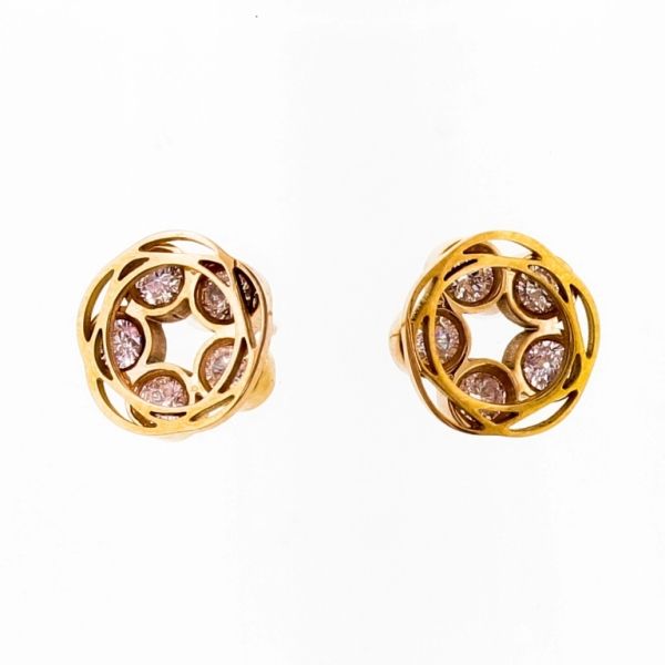 JEWELRY - EARRINGS - SCREW - STAINLESS STEEL AND ZIRCON - FLOWER Е691 - 1.2х1.2cm ROSE GOLD AND WHITE - PACKAGE 6 pairs