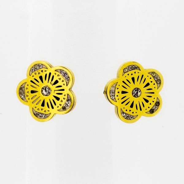 JEWELRY - EARRINGS - SCREW - STAINLESS STEEL AND ZIRCON - FLOWER Е695 - 1.3х1.2cm GOLD AND WHITE - 1 pair