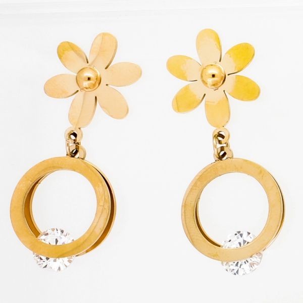 JEWELRY - EARRINGS - SCREW - STAINLESS STEEL AND ZIRCON - FLOWER Е822 - 1.6х4.0cm ROSE GOLD AND WHITE - 1 pair