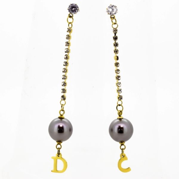 JEWELRY - EARRINGS - SCREW - STAINLESS STEEL WITH CRYSTALS AND PEARLS - LETTERS Е698 - 1.2х8.0cm GOLD-GRAY-WHITE - PACKAGE 6 pairs