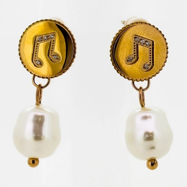 JEWELRY - EARRINGS - SCREW - STAINLESS STEEL WITH CRYSTALS AND PEARLS - CIRCLE WITH NOTE Е697 - 1.0х3.0cm ROSE GOLD AND WHITE - 1 pair