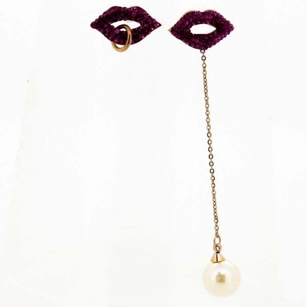 JEWELRY - EARRINGS - SCREW - STAINLESS STEEL WITH CRYSTALS AND PEARLS - LIPS Е699 - 1.8х7.5cm ROSE GOLD-CYCLAMEN-WHITE - 1 pair
