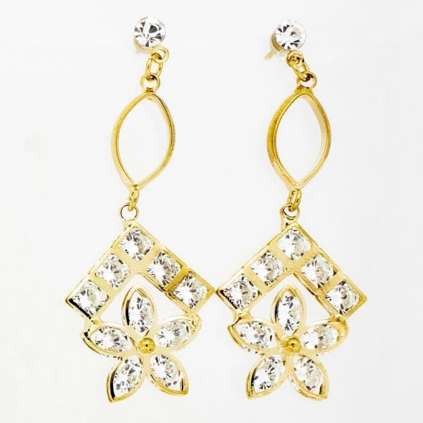 JEWELRY - EARRINGS - SCREW - ZIRCON - ELLIPSE AND FLOWER Е847 - 2.1х5.4cm GOLD AND WHITE - 1 pair