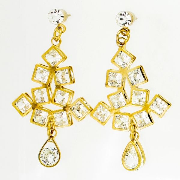 JEWELRY - EARRINGS - SCREW - ZIRCON - SQUARES Е835 - 2.2х4.6cm GOLD AND WHITE - PACKAGE 6 pairs