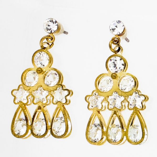JEWELRY - EARRINGS - SCREW - ZIRCON - CIRCLES AND DROPS Е849 - 1.8х3.5cm GOLD AND WHITE - PACKAGE 6 pairs