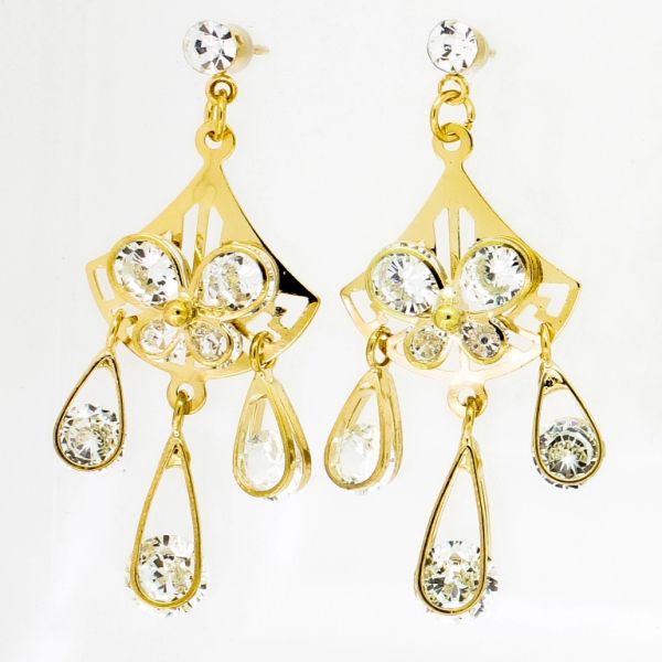 JEWELRY - EARRINGS - SCREW - ZIRCON - BUTTERFLY AND DROP Е834 - 2.0х5.0cm GOLD AND WHITE - PACKAGE 6 pairs
