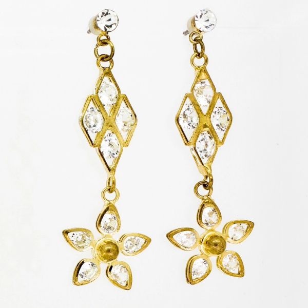 JEWELRY - EARRINGS - SCREW - ZIRCON - RHOMBUS AND FLOWER Е837 - 1.6х5.1cm GOLD AND WHITE - PACKAGE 6 pairs