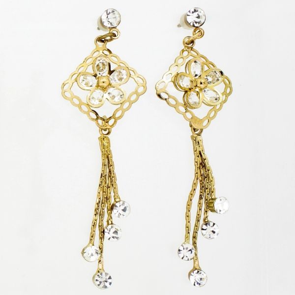 JEWELRY - EARRINGS - SCREW - ZIRCON - RHOMBUS WITH FLOWER AND DROP Е842 - 1.8х6.5cm GOLD AND WHITE - PACKAGE 6 pairs