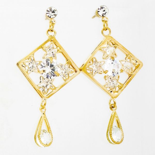 JEWELRY - EARRINGS - SCREW - ZIRCON - RHOMBUS WITH STARS AND DROP Е841 - 2.4х5.4cm GOLD AND WHITE - 1 pair