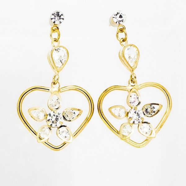 JEWELRY - EARRINGS - SCREW - ZIRCON - HEART WITH FLOWER Е840 - 2.4х4.3cm GOLD AND WHITE - PACKAGE 6 pairs