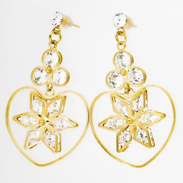 JEWELRY - EARRINGS - SCREW - ZIRCON - HEART WITH FLOWER Е853 - 1.6х4.8cm GOLD AND WHITE - PACKAGE 6 pairs