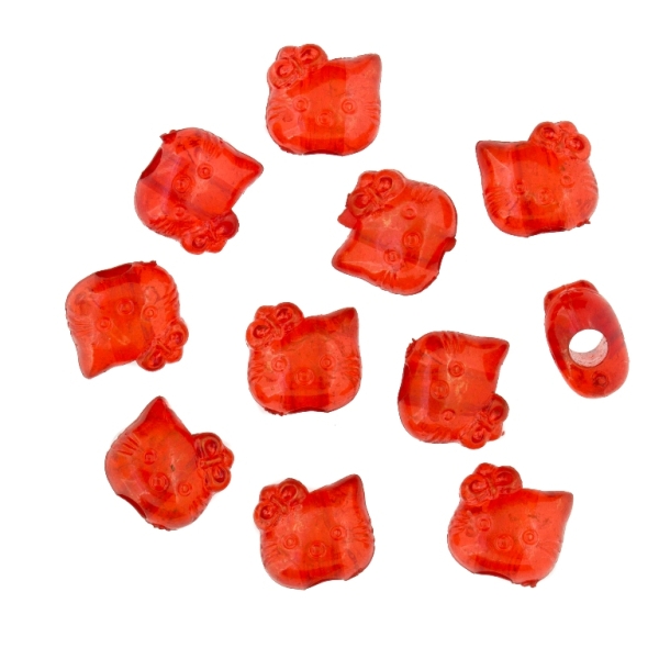 TRANSPARENT PLASTIC BEADS - KITTY - 8.5x9x6mm RED V12 - 50g Hole-3.0mm (200pcs.)