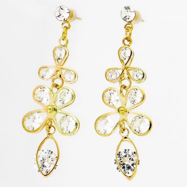 JEWELRY - EARRINGS - SCREW - ZIRCON - FLOWER Е852 - 1.6х4.8cm GOLD AND WHITE - PACKAGE 6 pairs