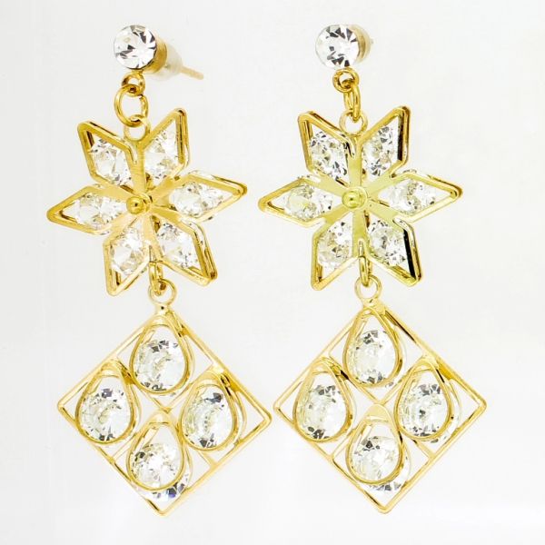 JEWELRY - EARRINGS - SCREW - ZIRCON - FLOWER AND SQUARE Е836 - 2.1х5.0cm GOLD AND WHITE - 1 pair