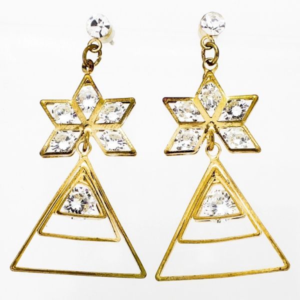 JEWELRY - EARRINGS - SCREW - ZIRCON - FLOWER AND TRIANGLE Е838 - 2.4х4.6cm GOLD AND WHITE - 1 pair