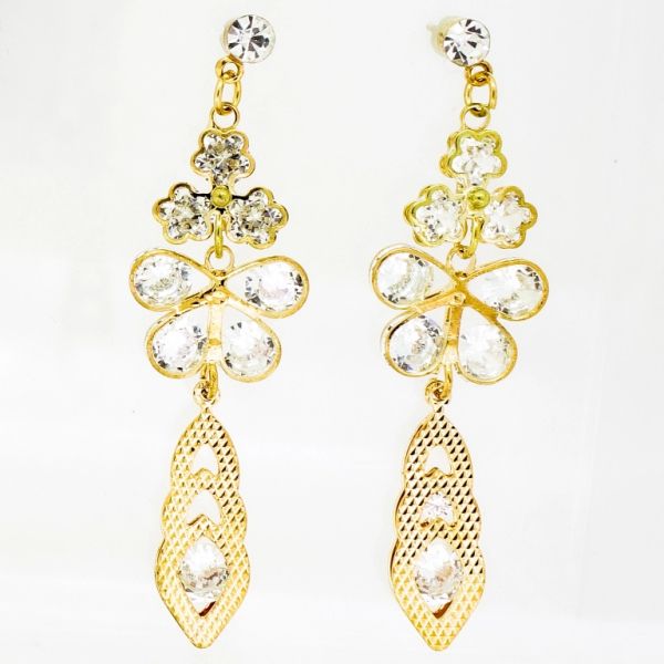 JEWELRY - EARRINGS - SCREW - ZIRCON - FLOWERS AND DROPS Е843 - 1.7х6.0cm GOLD AND WHITE - 1 pair