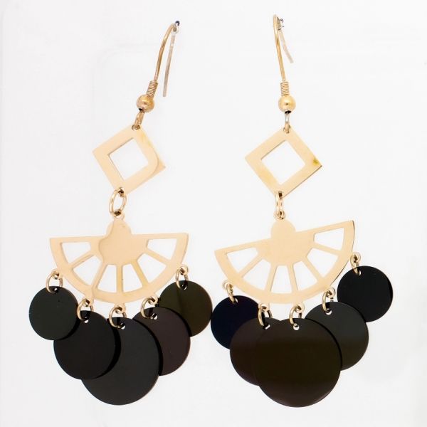 JEWELRY - EARRINGS - HOOK - STAINLESS STEEL - FAN WITH CIRCLES Е747 - 2.5х7.0cm ROSE GOLD AND BLACK - 1 pair