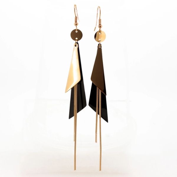 JEWELRY - EARRINGS - HOOK - STAINLESS STEEL - TRIANGLES Е682 - 1.3х12cm ROSE GOLD AND BLACK - 1 pair