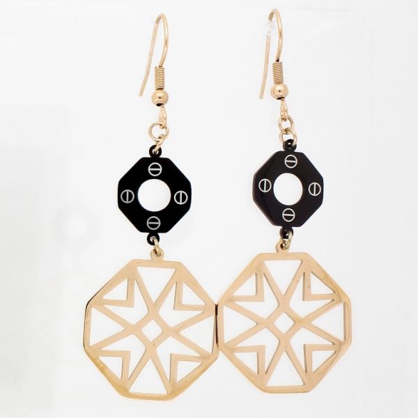 JEWELRY - EARRINGS - HOOK - STAINLESS STEEL - FLOWER Е746 - 2.3х6.6cm ROSE GOLD-BLACK-WHITE - 1 pair