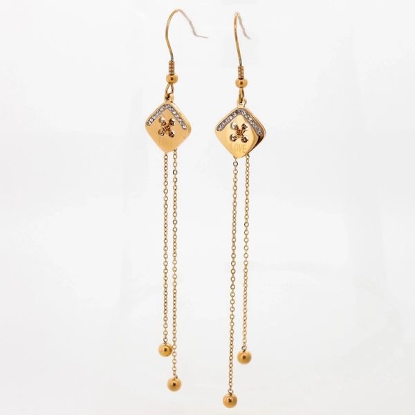 JEWELRY - EARRINGS - HOOK - STAINLESS STEEL AND CRYSTALS - BUTTON Е688 - 1.3х10.4cm ROSE GOLD AND WHITE - PACKAGE 6 pairs
