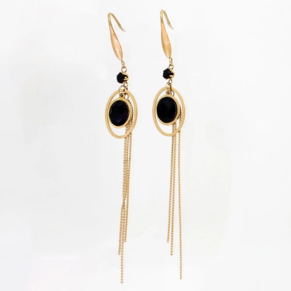JEWELRY - EARRINGS - HOOK - STAINLESS STEEL AND CRYSTALS - OVAL Е761 - 1.3х10.4cm ROSE GOLD AND BLACK - PACKAGE 6 pairs
