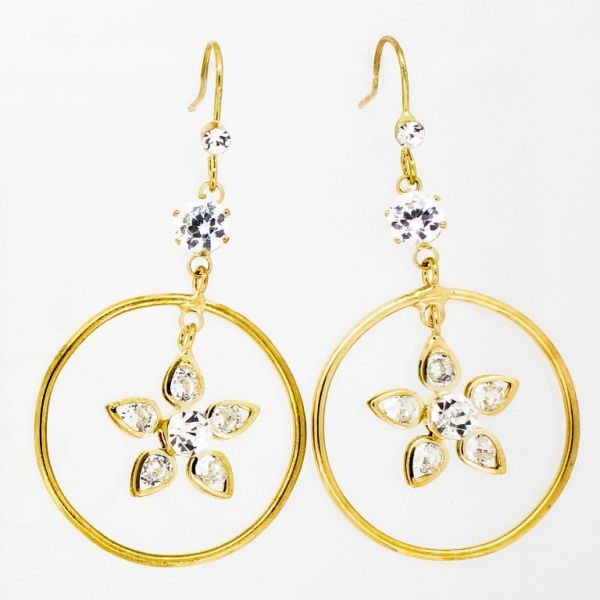 JEWELRY - EARRINGS - HOOK - ZIRCON - CIRCLE WITH FLOWER Е855 - 3.0х5.6cm GOLD AND WHITE - 1 pair