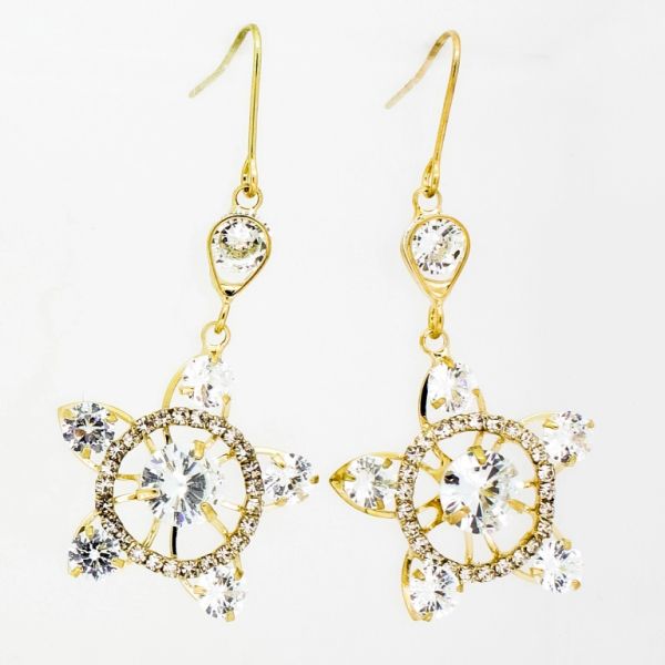 JEWELRY - EARRINGS - HOOK - ZIRCON - FLOWER Е856 - 2.5х5.0cm GOLD AND WHITE - 1 pair