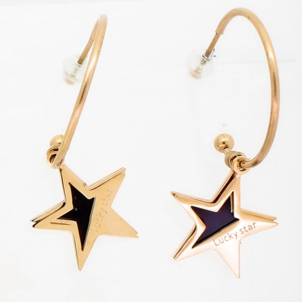 JEWELRY - EARRINGS - STAINLESS STEEL - RING 01 WITH PENDANT STAR LUCKY STAR - 1.6х4cm ROSE GOLD AND BLACK - PACKAGE 6 pairs
