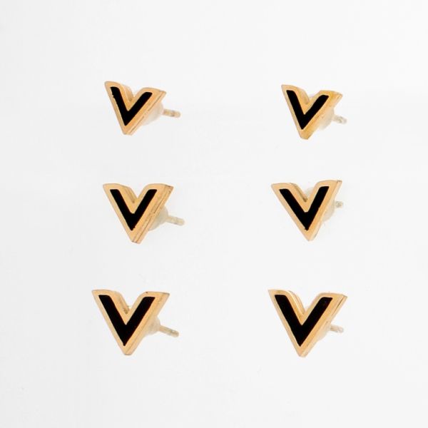 JEWELRY - EARRINGS - SCREW - STAINLESS STEEL - LETTER V Е716 - 0.8х0.7cm ROSE GOLD AND BLACK - 3 pairs
