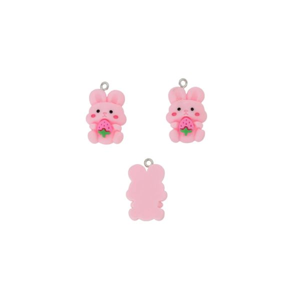 PLASTIC BEADS - RESIN 3D - PENDANT - RABBIT 26 WITH STRAWBERRY - 17x26x7mm PINK-PINK (DARK)-GREEN - PACKAGE 20pcs. Hole-1.8mm