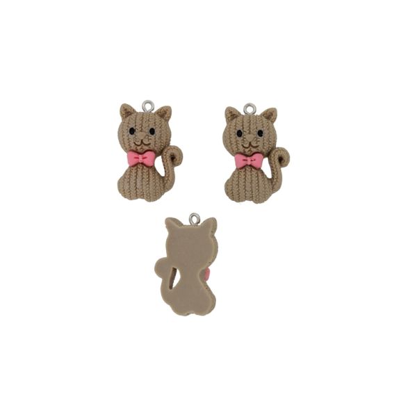 PLASTIC BEADS - RESIN 3D - PENDANT - CAT 06 WITH RIBBON - 20x30x8mm BEIGE (DARK)-PINK-BLACK - PACKAGE 20pcs. Hole-1.8mm 