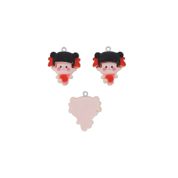 PLASTIC BEADS - RESIN 3D - PENDANT - GIRL 35 - 22x28x8mm BLACK-RED-PINK (LIGHT) - 2pcs. Hole-1.8mm 