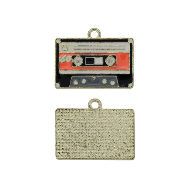 METAL BEADS WITH ENAMEL - PENDANT - AUDIO CASSETTE 01 - 23x18x1.4mm GOLD-ORANGE-BLACK - 3pcs. Hole-2.0mm