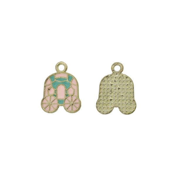 METAL BEADS WITH ENAMEL - PENDANT - CARRIAGE 01 - 12x16x1.5mm GOLD-PINK (LIGHT)-TURQUOISE - 5pcs. Hole-1.5mm