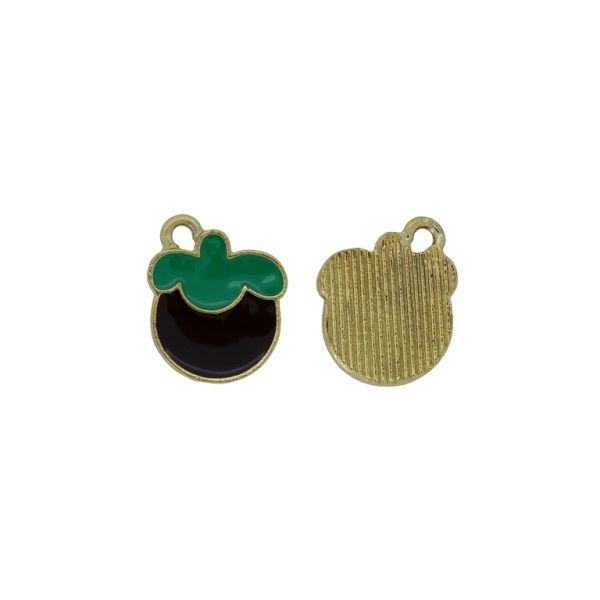 METAL BEADS WITH ENAMEL - PENDANT - MANGOSTEEN 01 - 13x16x1.5mm GOLD-GREEN-BLACK - PACKAGE 50pcs. Hole-1.5mm