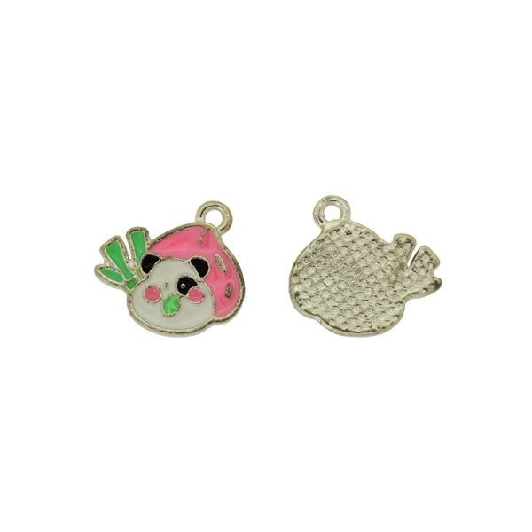 METAL BEADS WITH ENAMEL - PENDANT - PANDA FRUIT 01 - 16x15x1.7mm GOLD-PINK (DARK)-ECRU - PACKAGE 50pcs. Hole-1.5mm