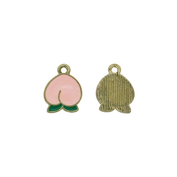 METAL BEADS WITH ENAMEL - PENDANT - PEACH 01 - 12x15x1.7mm GOLD-PINK (LIGHT)-GREEN - PACKAGE 50pcs. Hole-1.5mm