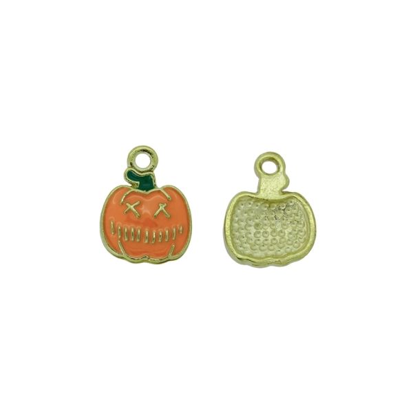 METAL BEADS WITH ENAMEL - PENDANT - PUMPKIN 01 HALLOWEEN - 12x15x1.7mm GOLD-PINK (LIGHT)-GREEN - 5pcs. Hole-1.8mm