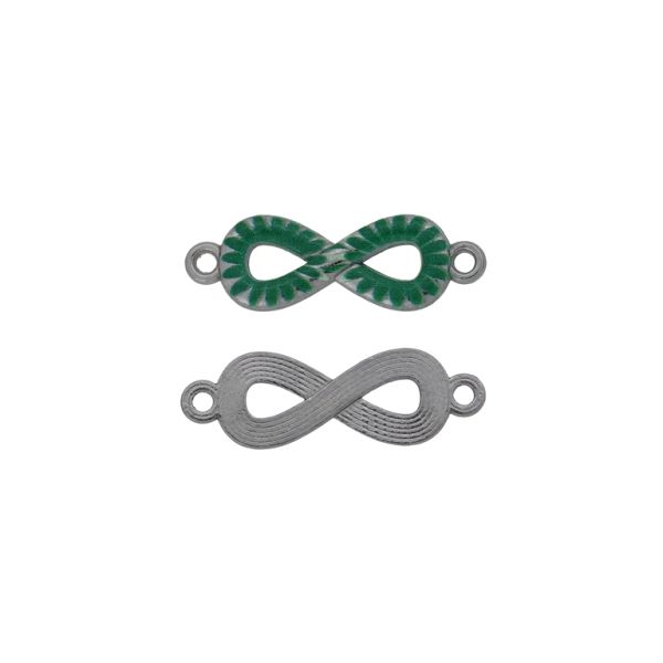 METAL BEADS WITH ENAMEL - CONNECTING ELEMENT WITH 2 RINGS - INFINITY WITH LEAVES 01 - 29x9x2mm NICKEL-GREEN - 3pcs. Hole-1.8mm