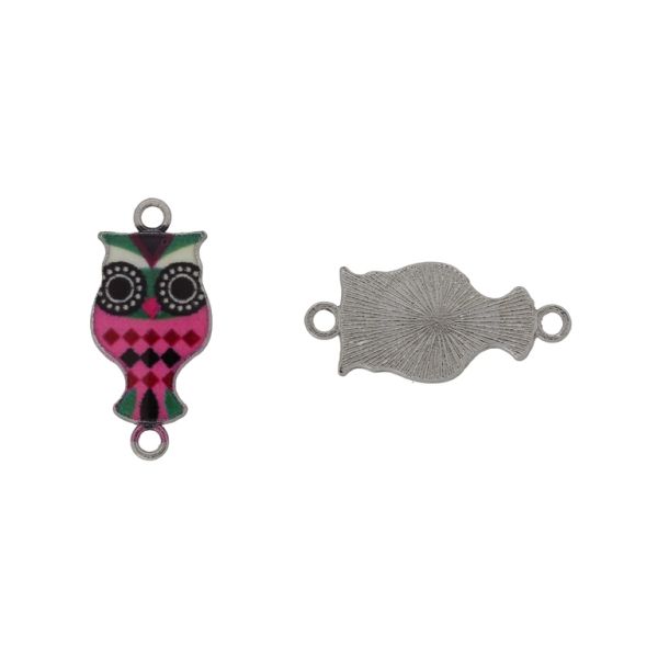 METAL BEADS WITH ENAMEL - CONNECTING ELEMENT WITH 2 RINGS - OWL 11 - 26x12x2mm NICKEL AND MIX - PACKAGE 30pcs. Hole-2.0mm