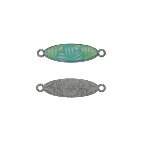 METAL BEADS WITH ENAMEL - CONNECTING ELEMENT WITH 2 RINGS - ELLIPSE 02 FLOWER - 32x9x2mm NICKEL-GREEN (LIGHT)-BLUE (LIGHT) - PACKAGE 30pcs. Hole-1.8mm