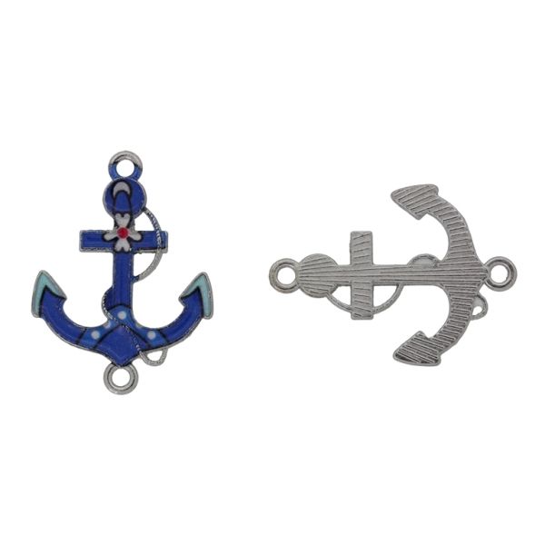 METAL BEADS WITH ENAMEL - CONNECTING ELEMENT WITH 2 RINGS - ANCHOR 01 - 29x21x2mm NICKEL-BLUE (DARK)-TURQUOISE - 3pcs. Hole-1.8mm