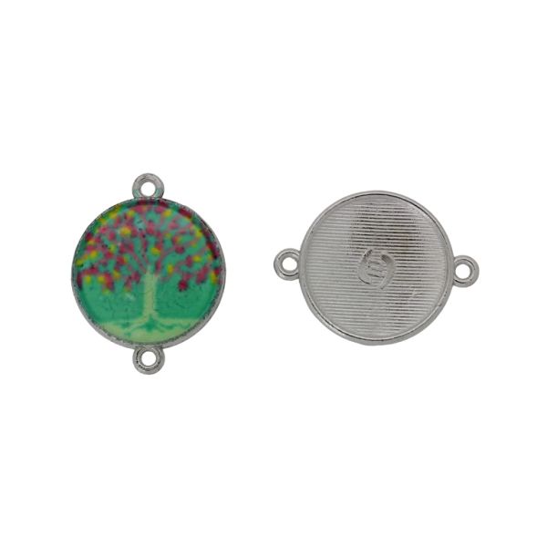 METAL BEADS WITH ENAMEL - CONNECTING ELEMENT WITH 2 RINGS - CIRCLE WITH WOOD 01 - 24x18x3mm NICKEL AND MIX - PACKAGE 30pcs. Hole-1.5mm