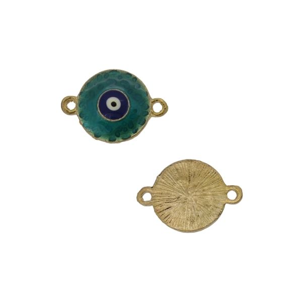 METAL BEADS WITH ENAMEL - CONNECTING ELEMENT WITH 2 RINGS - CIRCLE WITH EYE 02 - 23x16x2mm GOLD-TURQUOISE (DARK)-BLUE (DARK) - PACKAGE 30pcs. Hole-1.8mm
