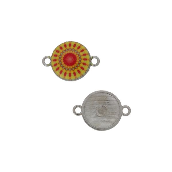 METAL BEADS WITH ENAMEL - CONNECTING ELEMENT WITH 2 RINGS - CIRCLE WITH FLOWER 02 - 22x15x3mm NICKEL-YELLOW-RED - 3pcs. Hole-1.8mm