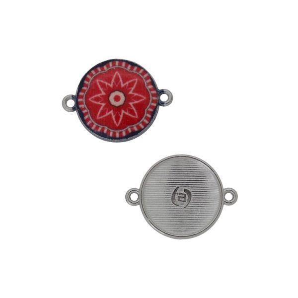 METAL BEADS WITH ENAMEL - CONNECTING ELEMENT WITH 2 RINGS - CIRCLE WITH FLOWER 03 - 24x18x3mm NICKEL-RED-BLACK - PACKAGE 30pcs. Hole-1.5mm