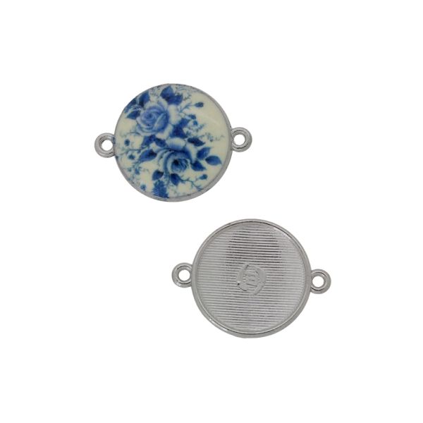 METAL BEADS WITH ENAMEL - CONNECTING ELEMENT WITH 2 RINGS - CIRCLE WITH FLOWERS 02 - 24x18x3mm NICKEL-WHITE-BLUE (DARK) - 3pcs. Hole-1.5mm