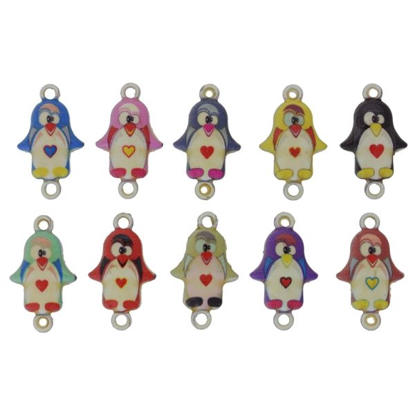 METAL BEADS WITH ENAMEL - CONNECTING ELEMENT WITH 2 RINGS - PENGUIN MIX 01 - 23x13x1.7mm MIX - 3pcs. Hole-1.8mm