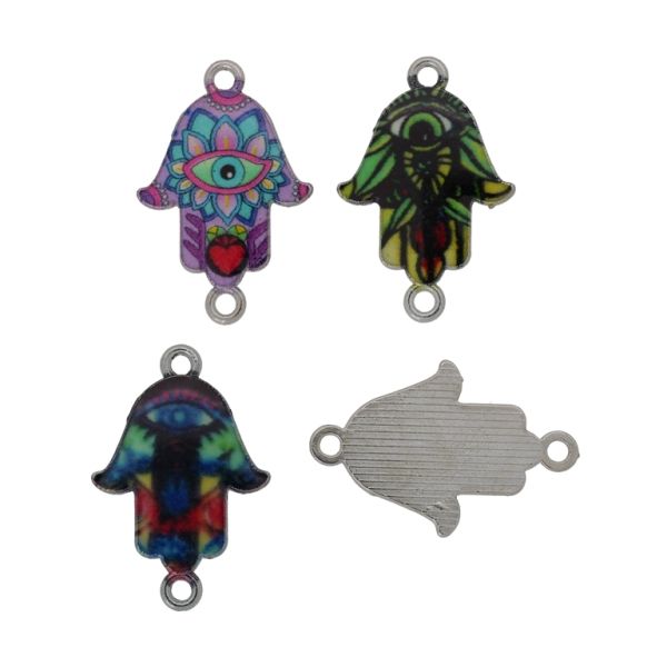 METAL BEADS WITH ENAMEL - CONNECTING ELEMENT WITH 2 RINGS - THE HAND OF FATIMA MIX 01 - 26x17x1.7mm MIX - PACKAGE 30pcs. Hole-1.8mm